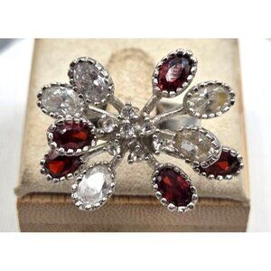 Vintage Silver Flower Ring With Red & Clear Rhinestones Size 7